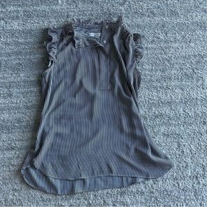 LOFT BLUE & WHITE STRIPE RUFFLE NECK BUTTON UP SLEEVELESS BLOUSE XS